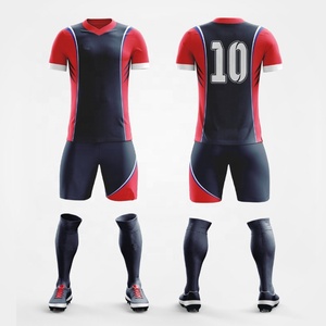 Uniforme de Fútbol Personalizado Unisex, Rojo y Negro a Rayas, Cuello en V, Manga Corta, Poliéster que Absorbe la Humedad, Impresión Digital, Cintura Elástica - Product Image 2