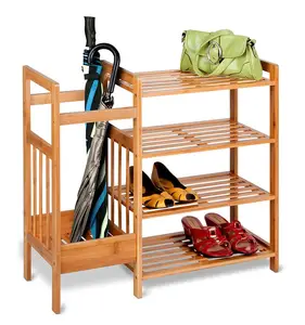 Entryway Over Deur Staande 4-Tier Opslag Waterdichte Bamboe Houten Schoenenrek Organizer Met Paraplu Houder