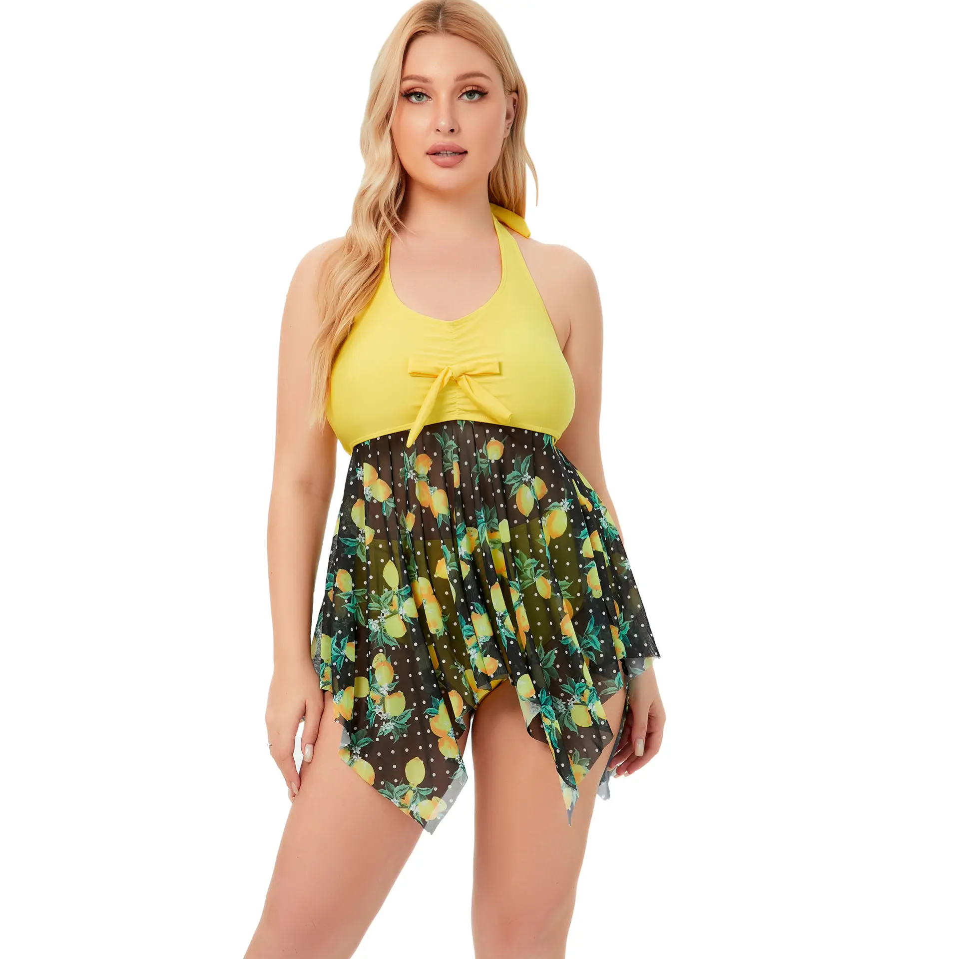 2022 New Trendy Products Summer Women Clothing Split Swimsuit Yellow Flower Big Size Bikini One-piece Bikinis Woman Swimwear