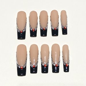 Unghie Finte Muhaha Trend Design, Lunghe a Forma di Bara, Nere con Strass e Punta Francese - Product Image 2