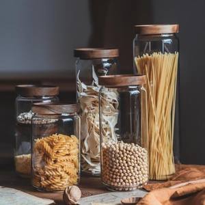 SIGH-Jarra de almacenamiento de borosilicato con tapas, recipiente de vidrio personalizado para dulces de cocina con tapa de madera atornillada - Product Image 1