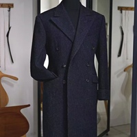 Manteau d'hiver long formel pour homme en laine 100% imperméable - bleu marine à chevrons Manteau sur mesure en laine grossière