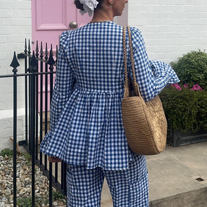 <b>Tie</b> Flare Long Sleeve Puffy Shirt Drawstring Pants Women's Plaid Printed 2 Piece <b>Set</b> Fashion - Product Image 5