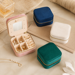 <b>Small</b> Velvet Jewelry Box Portable Zipper Closure Square Organizer with <b>Mirror</b> for Travel Jewelry Storage - Product Image 1