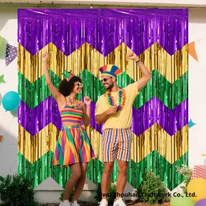 Karnevalsfestbanner Girlande Lila Gold Grün Wellenmuster PET für Innenbereich Vorhang Flagge New Orleans Party Hintergrund Neuheit Heißer Verkauf - Product Image 4