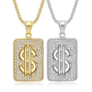 Collier pendentif en acier inoxydable avec diamant, signe de dollar rectangulaire, bijoux hip-hop unisexe, cadeau, serti pavé DZ296 - Product Image 1