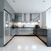 Kabinet Dapur Modern Minimalis Tanpa Gagang, Countertop Kuarsa Putih High Gloss, Lemari Dapur Plywood Soft Close