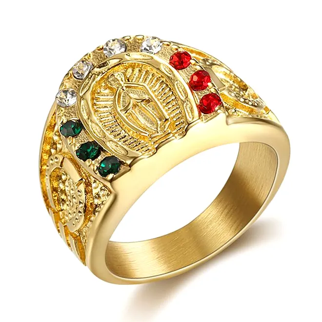 סיטונאי היפ הופ מצופה זהב פאנק תכשיטי שמנמן נירוסטה טבעת יפה יהלומים צבעוניים בתולה מרי טבעת כדי שלי בן