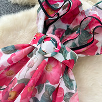 Robe longue décontractée pour femmes WIWT, élégante, à imprimé floral, à volants, col en V, coupe évasée, avec ceinture, pour les vacances, à porter au quotidien, robes pour femmes