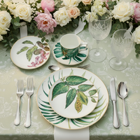Service de table en céramique de luxe à motifs de feuilles tropicales, bord doré, assiettes, bols, tasses à thé et soucoupes en porcelaine fine personnalisée, formes variées