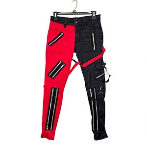 Pantalon skinny gothique pour homme, à blocs de couleur, avec fermeture éclair, rouge et noir, style High Street Rock Emo, à jambes fendues - Product Image 1