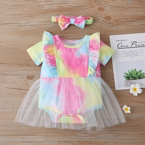 Ropa de verano para niña recién nacida, conjunto de 2 piezas con estampado Tie Dye, mono de manga corta de malla con parches coloridos + diadema con lazo, 0-18 meses - Product Image 4