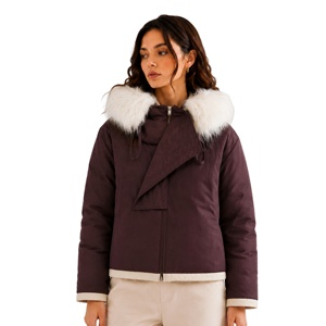 Chaqueta con capucha de piel sintética para <span class=keywords><strong>mujer</strong></span>, abrigo <span class=keywords><strong>acolchado</strong></span> cálido de invierno, con dobladillo en contraste, casual, con cremallera, tipo <span class=keywords><strong>anorak</strong></span>, con solapa asimétrica - Product Image 1