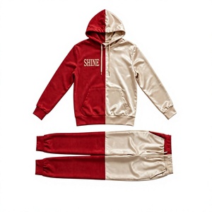 Conjunto de Sudadera con Capucha y Pantalones Deportivos Unisex, Color Rojo y Blanco, Bloques de Color, Forro Polar Invernal, Transpirable, 350 Gramos, Bolsillo con Cordón Bordado, Estilo Casual - Product Image 1