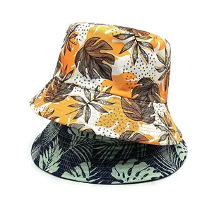 新款上市热带风格软盘大檐涤纶鱼头帽定制椰子树印花标志可逆桶帽H-341