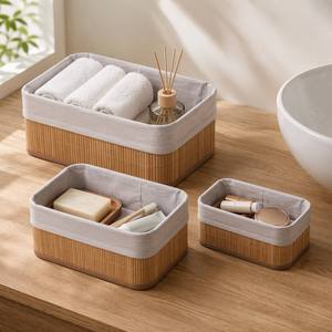 Ensemble de 3 paniers de rangement rectangulaires emboîtables en bambou naturel avec doublure en <span class=keywords><strong>tissu</strong></span> bohème <span class=keywords><strong>pour</strong></span> comptoir de salle de bain - Product Image 1