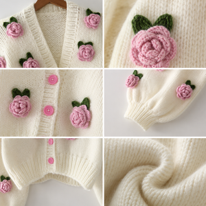 Cardigan en tricot court pour femme, rose épaisse, style rétro, fait main au crochet, motif floral, cadeau personnalisé pour l'hiver - Product Image 4