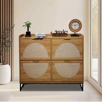 Meuble de rangement pour chaussures en rotin et bois autoportant avec 4 tiroirs rabattables pour le salon