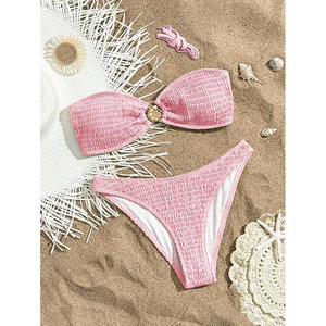Conjunto de Bikini Bandeau Acanalado Blanco para Mujer, Traje de Baño Elástico de Dos Piezas con Braguita Hipster de Color Liso - Product Image 5