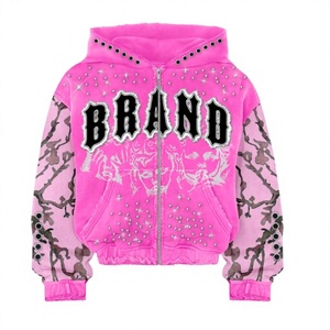 BRAND <b>Pink</b> Solid Zip-Up Hoodie Rhinestone Embellished Regular Fit Y2K Style Unisex Fleece <b>Sweatshirt</b> 100% Cotton Breathable - Product Image 1