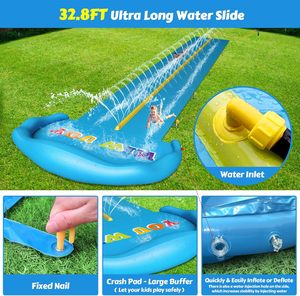 Toboggan aquatique double piste de 10 m avec arroseur et radeaux gonflables pour les courses de jardin des enfants - Product Image 3