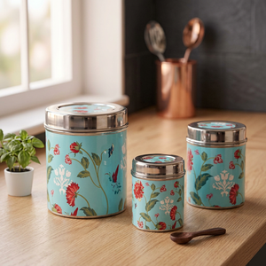 Recipientes de acero inoxidable turquesa con diseño floral, juego de recipientes herméticos redondos para especias, diseño bohemio, impresión de 1 capa. - Product Image 2