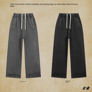 Sebanda 2025 flocon de neige frit fait vieux bord de meulage coupe cassé haute rue pantalon personnalité rue pantalon droit hommes - Product Image 3