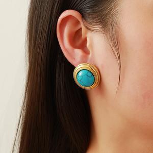 Stud Earrings Blue Turquoise <b>Round</b> Bezel Setting 18k Gold Plated Stainless Steel Ear <b>Posts</b> Fashion Jewelry - Product Image 2