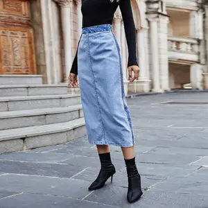 Rok Midi Denim Lurus Wanita Tanpa Saku, Rok Midi Denim Lurus Warna Kontrak Ritsleting Samping Pinggang Tinggi Musim Panas untuk Wanita