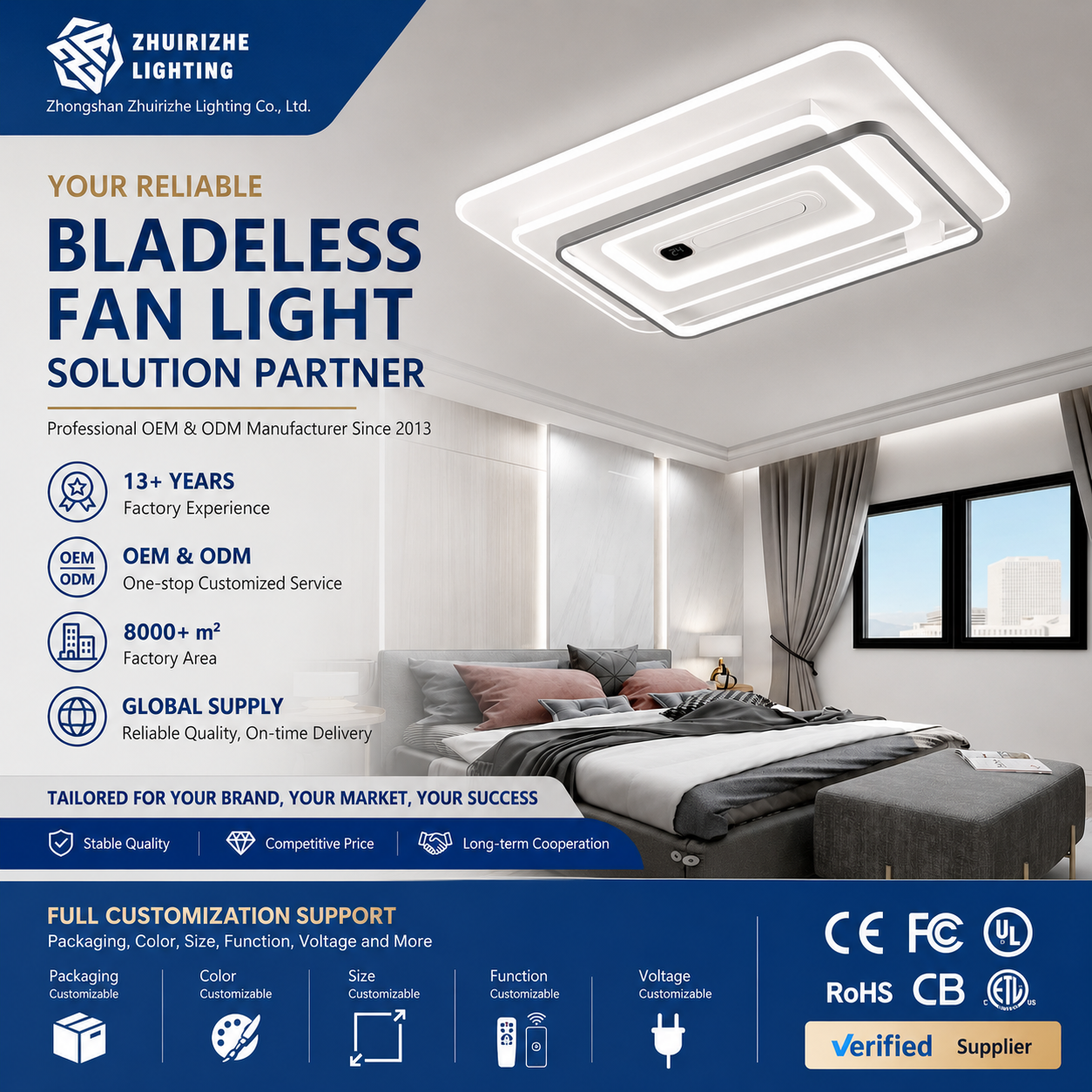 Modern Full Spectrum LED Ceiling Fan Acrylic Lamp Eye Protection DC Motor Leafless Design Remote Control Agi32 Layout High CRI