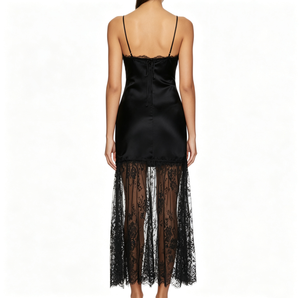 <span class=keywords><strong>Robe</strong></span> de nuit en satin noir avec dentelle, col en V sexy, bretelles croisées, ourlet floral transparent, lingerie mi-longue pour femme - Product Image 3