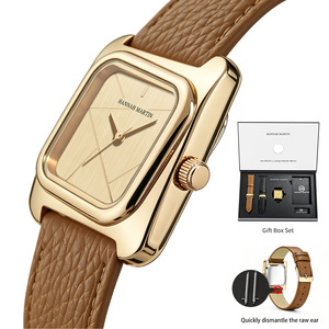 Montre-bracelet à quartz carrée pour femme avec logo personnalisé, bracelet en cuir véritable, coffret cadeau, montre minimaliste tendance pour femme - Product Image 1