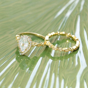 Fine Pear Cut 1.5CT Cubic Zirconia <strong>Stacks</strong> <strong>Ring</strong> Set 925 Sterling Silver Gold Plated Non Tarnish Couple Matching Jewelry for Women - Product Image 5
