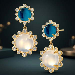 Pendientes de Plata de Ley 925 con Baño de Oro y Engaste de Bisel, con Topacio Azul y Piedra Lunar Arcoíris, Hechos a Mano, Regalo de Boda - Product Image 2