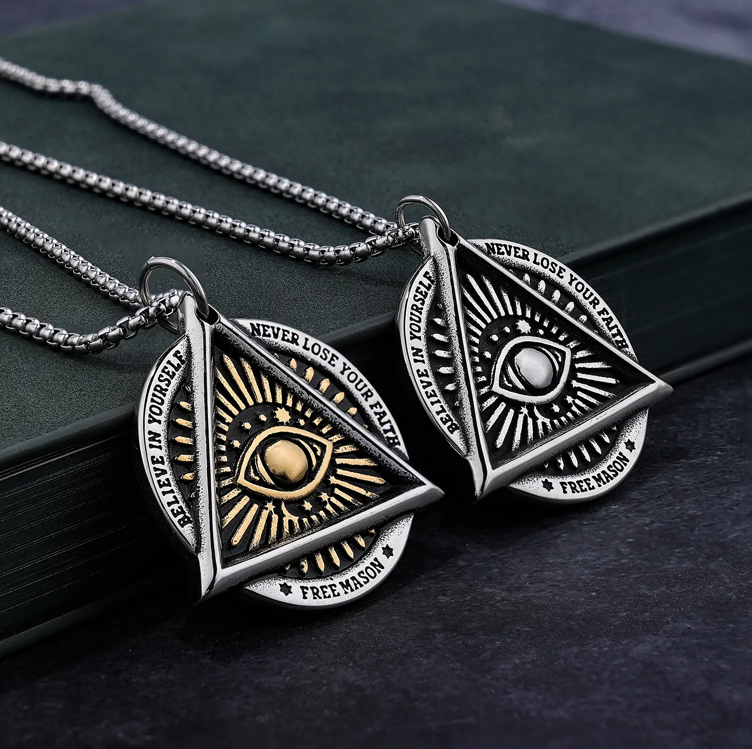 Never Lost your Faith Illuminati All Seeing Eye Stainless Steel Freemason Masonic Pendant Necklace for Men Women