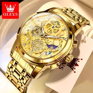 OLEVS 9947 Men's Watches Top Brand Luxury Original Waterproof Quartz Watch for Man Gold Skeleton Style 24 Hour Day Night New