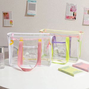 Outdoor Picnic Beach Mesh Tote Bag Macaron Contrast Color <b>Strap</b> Clear Visible Snack Cosmetic Grocery Storage Hand Bag - Product Image 4