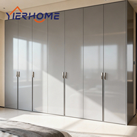 Armoire de chambre moderne grise à finition PET brillante, cadre en bois, double porte, pour villa, vente directe usine