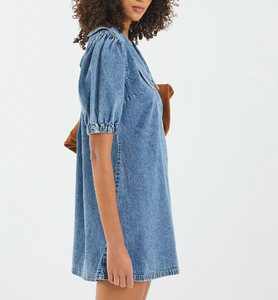 Vestido camisero con cuello informal bohemio de mezclilla azul con manga corta cintura elástica Maxi longitud-para todas las estaciones <span class=keywords><strong>OOTD</strong></span> - Product Image 3