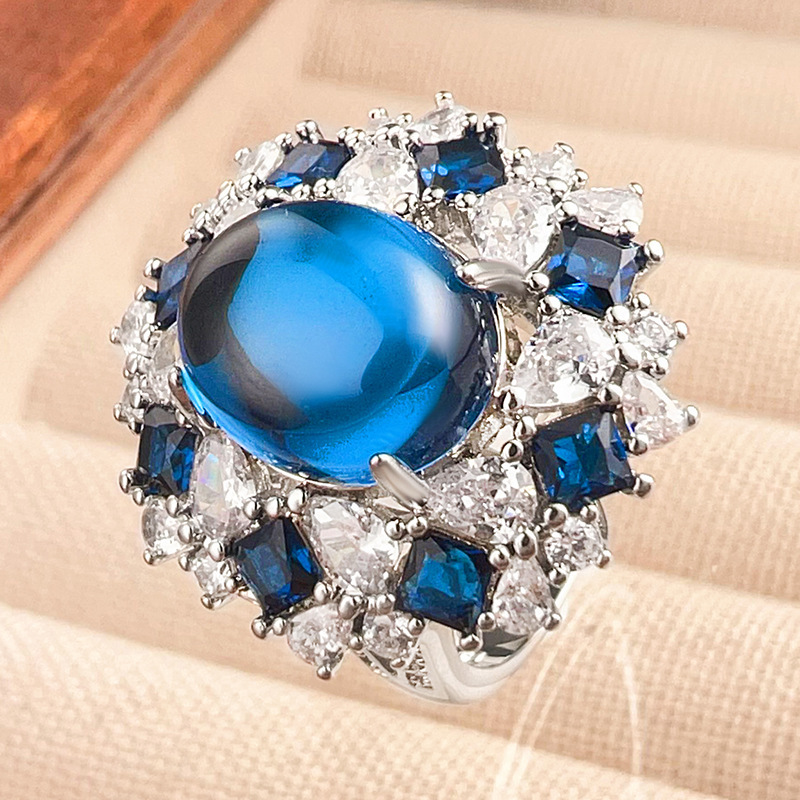 Bague calcédoine cristal pointu bleu