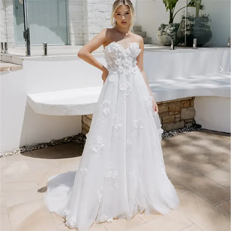Vestido de noiva de princesa com contas de luxo sem alças barato de alta qualidade para festa de casamento