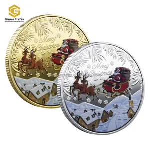 卸売メタルクリスマスチャレンジシルバーコインカラー印刷サンタクロースコインクリスマスメダルコイン