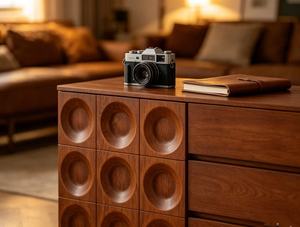 Mid Century Modern Solid Wood <b>Sideboard</b> With Circular Carved Doors 3 Drawers Living Room Storage Cabinet - Product Image 6