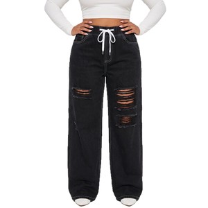 <span class=keywords><strong>Jeans</strong></span> a Gamba Larga da Donna Y2K, <span class=keywords><strong>Vita</strong></span> Media <span class=keywords><strong>con</strong></span> Cordoncino, Denim Strappato, Vestibilità Ampia, Pantaloni a Tutta Lunghezza - Product Image 4
