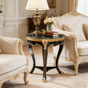 Tavolino Laterale in Legno Intagliato a Mano, Durevole e di Alta Qualità, Stile Antico per Soggiorno, con Piano in Vetro Temperato da 1cm - Product Image 1