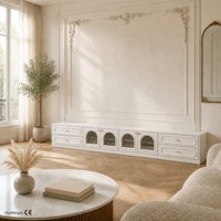 Meuble TV avec porte en verre cannelé blanc français, style romantique, en panneau ENF 18 mm, pour salon élégant, sur mesure