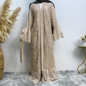 1856# Elegant Muslim Women Abaya Shiny Gold <b>Sequins</b> Open Abayas Long Robe With Chiffon Patchwork <b>Flare</b> Sleeve - Product Image 2