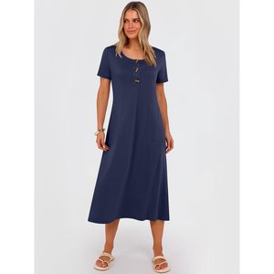 FOXA Robe mi-longue d'été pour femme, manches courtes, boutonnée, col rond, décontractée, pour vacances à la plage, ample, avec poches - Product Image 4