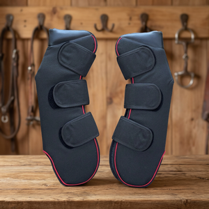 <b>Black</b> Nylon Horse Leg <b>Wraps</b> With Red Trim And Velcro Straps - Product Image 2
