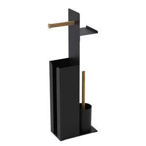 Black Toilet Brush And Toilet Paper Holder Stand With Phone Shelf For Bathroom